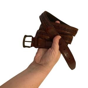 Handcrafted Brown Leather Belt Woven Detail Brass Buckle Made in Argentina 42